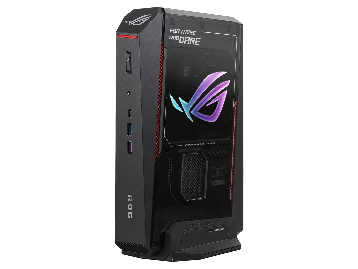 ASUS ROG NUC 16 gaming mini PC standing upright, with a lit ROG logo on its side and front ports