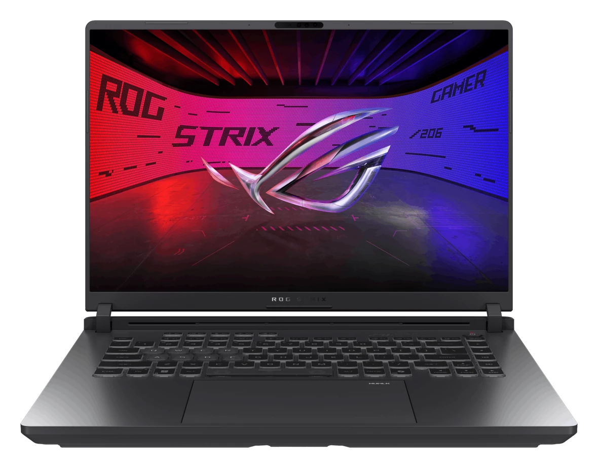 Front view of an open ASUS ROG Strix G16 gaming laptop with a red and blue ROG Strix logo wallpaper