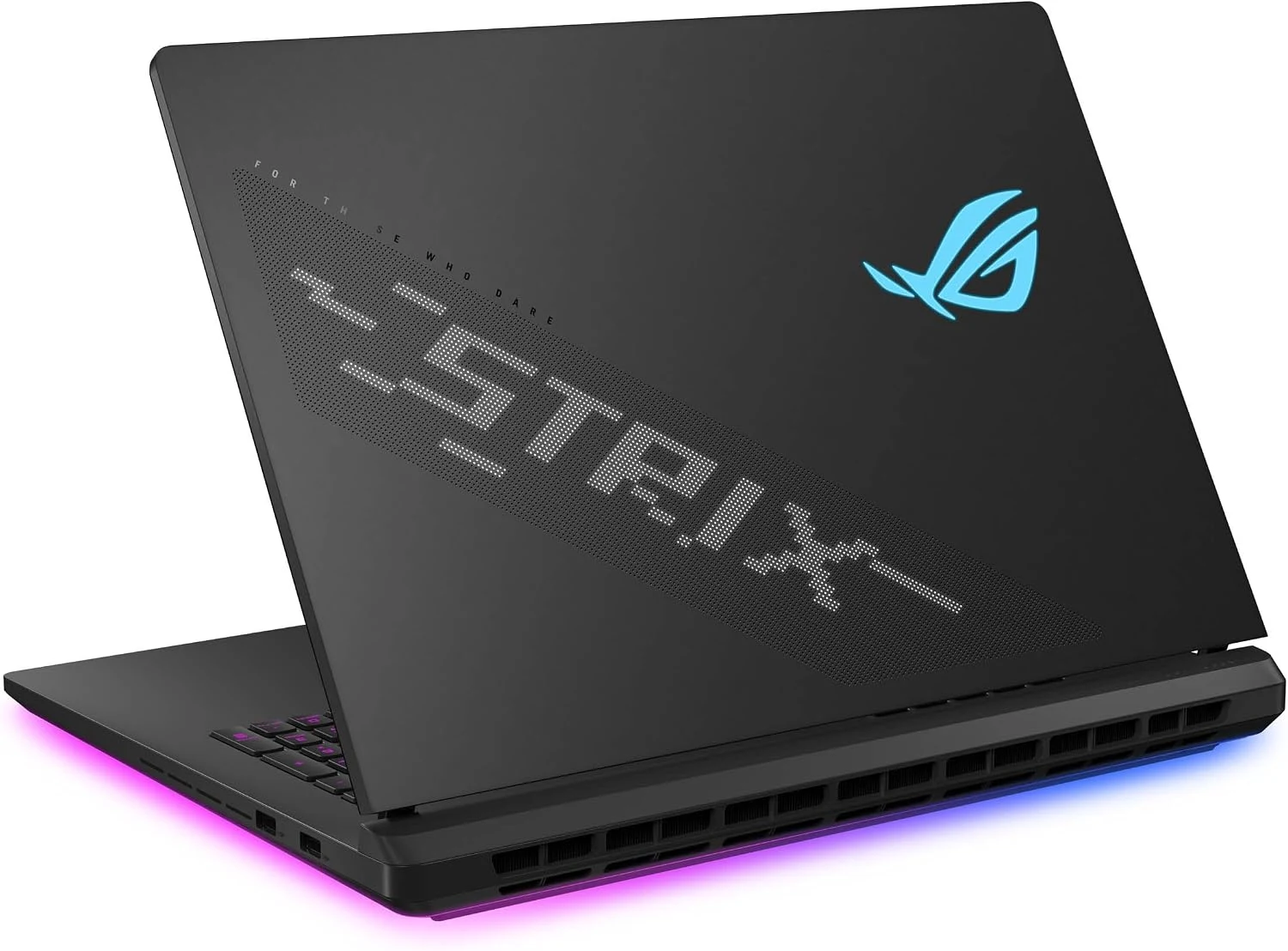 Rear view of an ASUS ROG Strix SCAR 18 laptop showing the Strix lid pattern and a light bar along its base