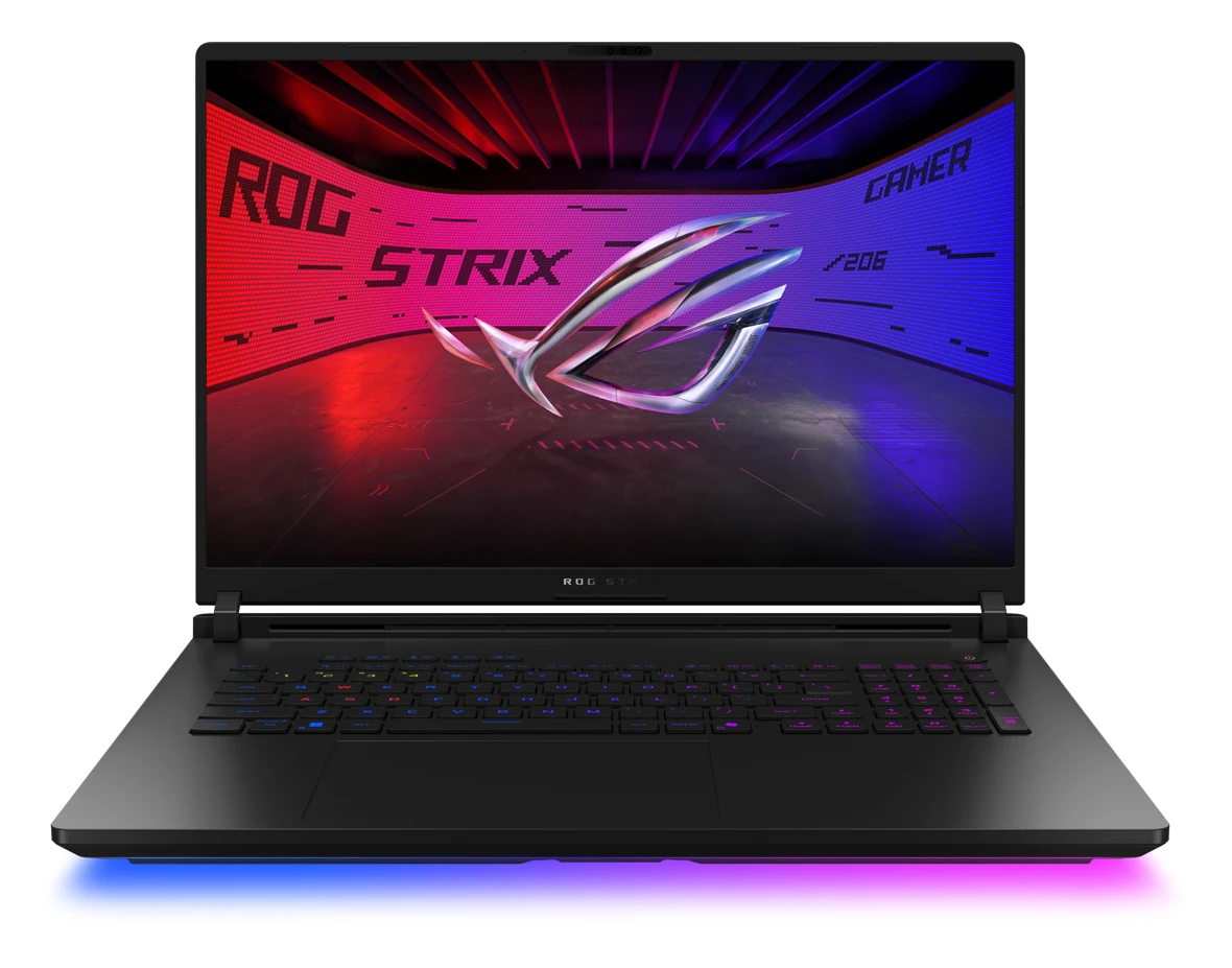 Front view of an open ASUS ROG Strix SCAR 18 gaming laptop with a light bar glowing under its front edge