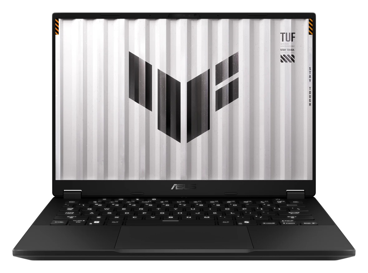 Front view of an open ASUS TUF Gaming A14 laptop with a silver TUF logo wallpaper
