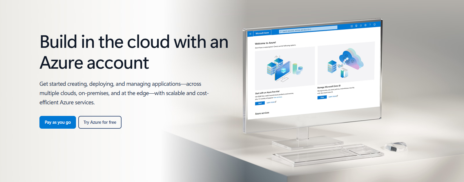 What Is Microsoft Azure? Microsoft Azure account page with the Pay as you go and Try Azure for free buttons beside a monitor showing the Azure portal welcome screen