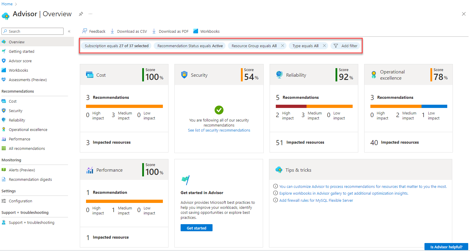 Azure Advisor overview page with scores and recommendation counts for cost, security, reliability, operational excellence and performance