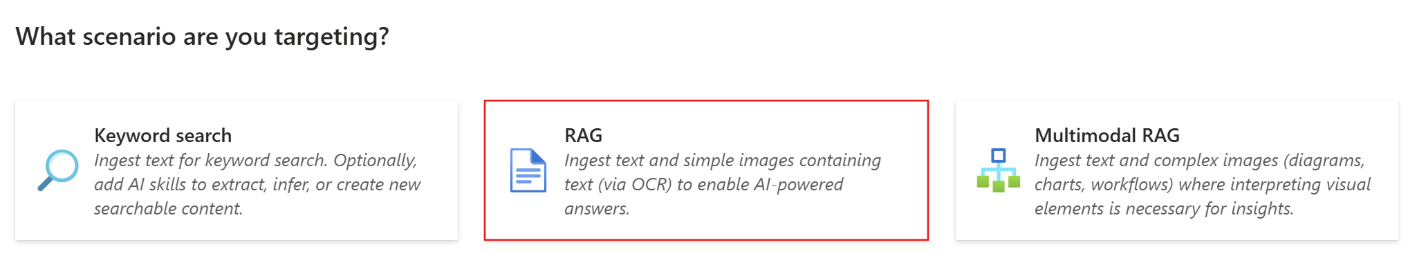 Azure AI Search import wizard asking what scenario you are targeting, with Keyword search, RAG and Multimodal RAG tiles