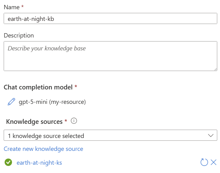 Azure AI Search create knowledge base form with a name, description, a chat completion model and one selected knowledge source