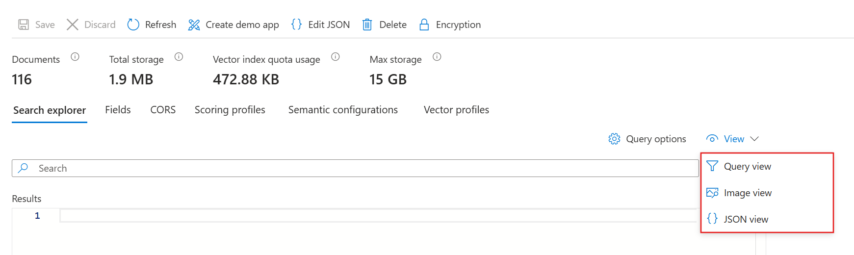 Azure AI Search index page in the Azure portal with document count and storage figures and the Search explorer view menu offering Query view, Image view and JSON view