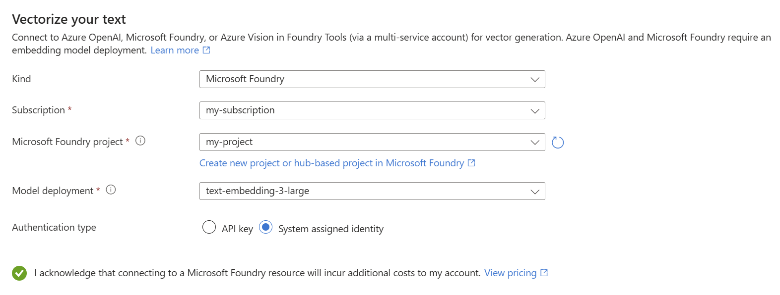 Azure AI Search wizard page Vectorize your text, connecting to a Microsoft Foundry project and an embedding model deployment