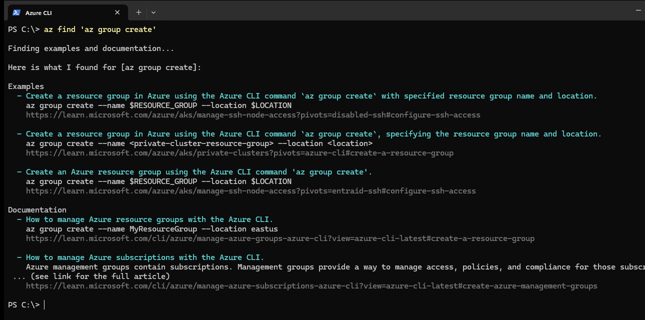 az find returning example commands and Microsoft Learn links for creating a resource group with az group create