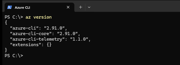Windows Terminal running az version, which lists the installed azure-cli, azure-cli-core and telemetry versions and no extensions