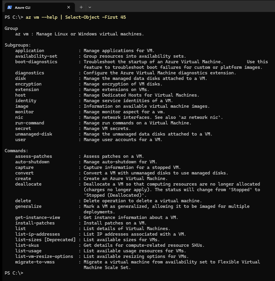 Output of az vm --help in Windows Terminal showing virtual machine subgroups and commands such as create, deallocate, list and start