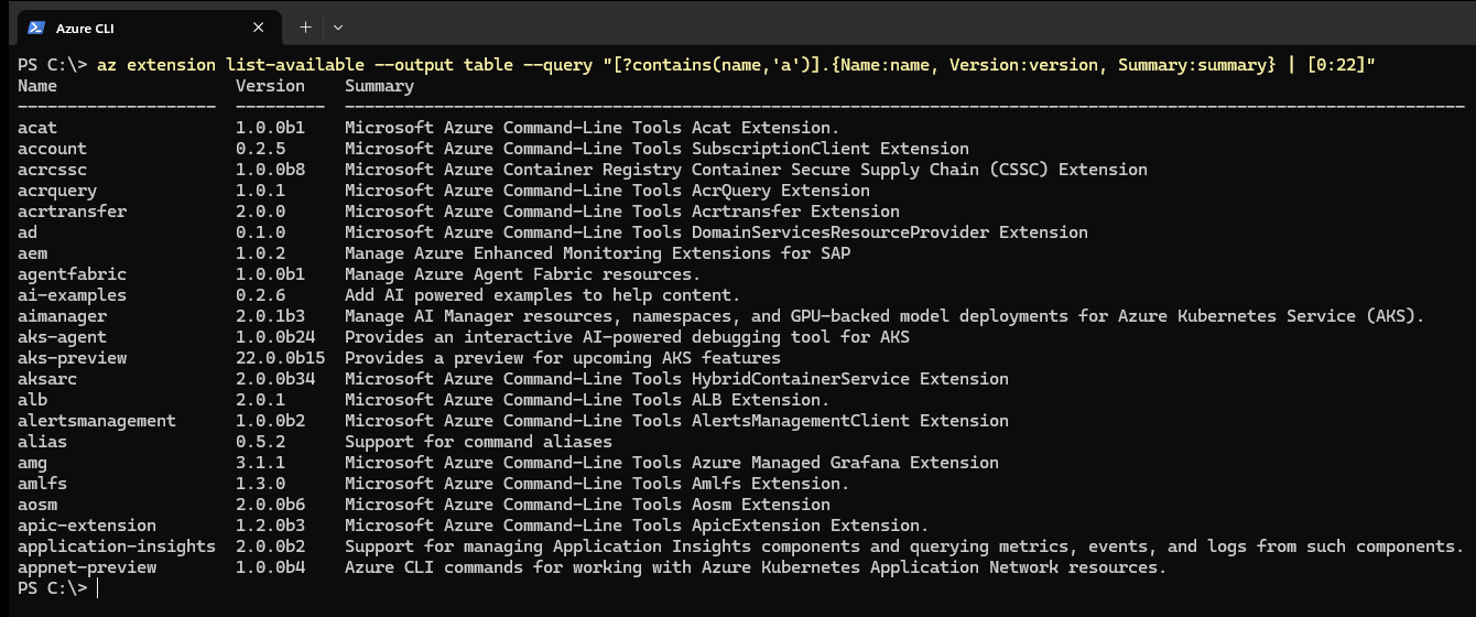 az extension list-available shown with --output table, listing extension names, versions and short summaries