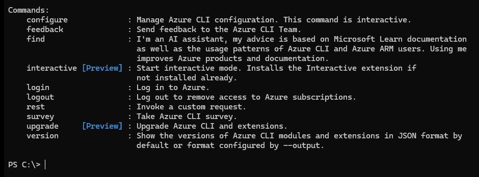 Bottom of az --help output listing top-level commands such as find, interactive, login, logout, upgrade and version