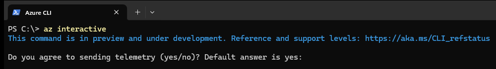 Running az interactive for the first time shows a preview notice and asks whether to send telemetry