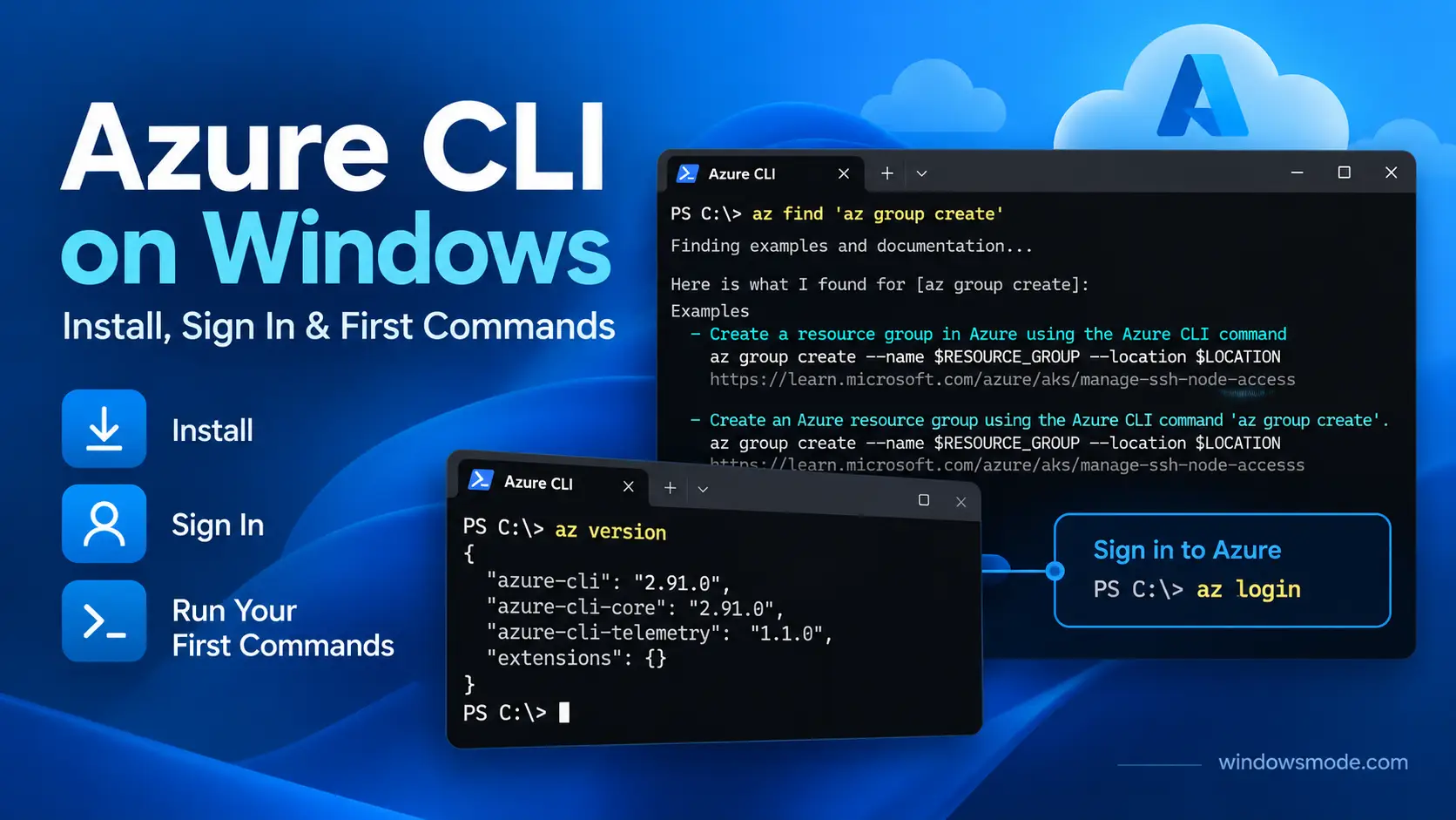 Azure CLI on Windows Azure CLI on Windows cover art with Install, Sign In and Run Your First Commands steps beside Windows Terminal windows running az find, az version and az login under the Azure logo