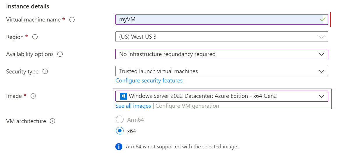 Azure portal Create a virtual machine form with fields for the VM name, region, availability options, security type and a Windows Server image