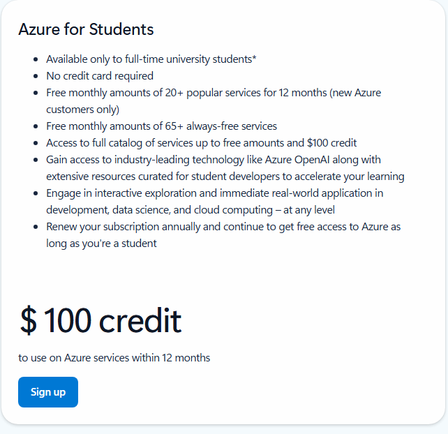 Azure for Students offer card listing full-time university students only, no credit card required, free monthly services and the credit for 12 months