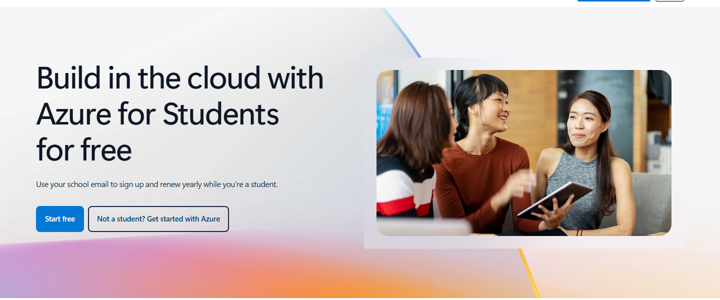 Microsoft's Azure for Students page with the headline Build in the cloud with Azure for Students for free and a Start free button
