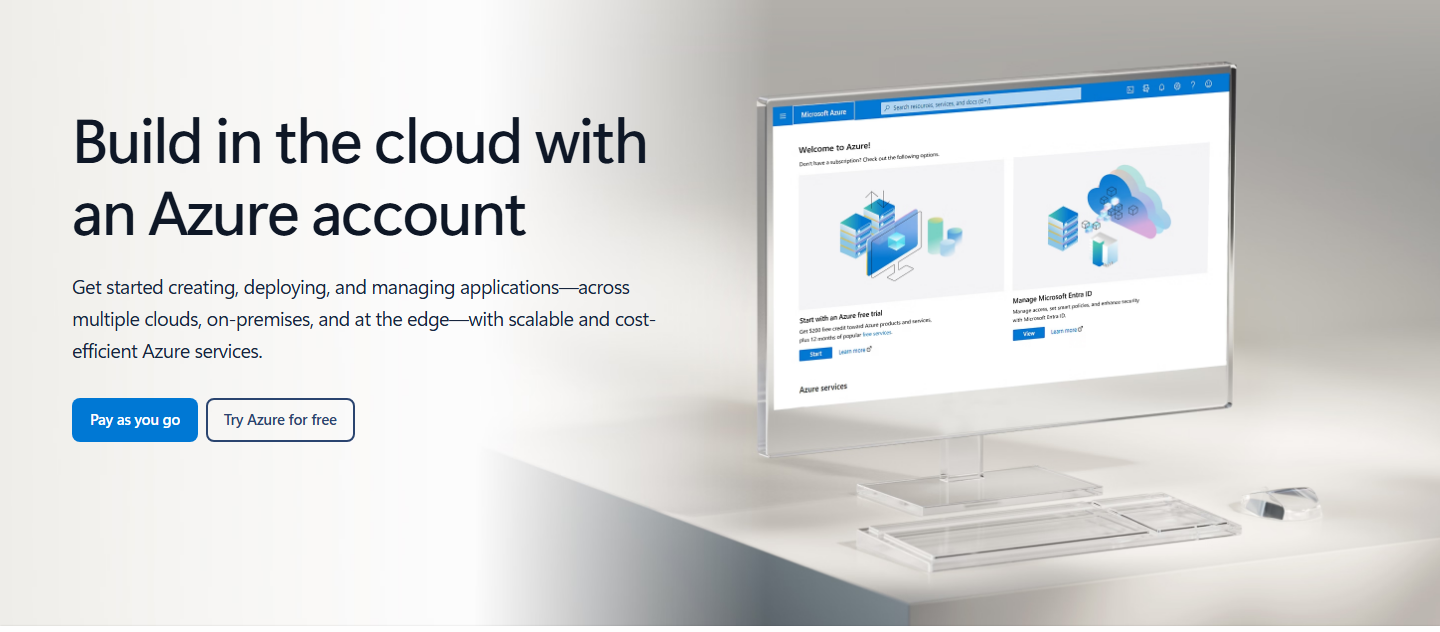 Microsoft's Azure account page with the headline Build in the cloud with an Azure account and buttons for Pay as you go and Try Azure for free