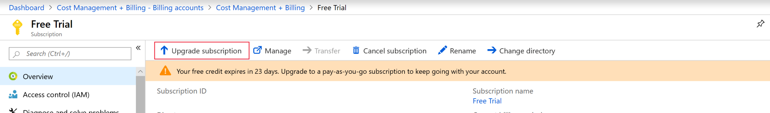 Azure portal Free Trial subscription with the Upgrade subscription button highlighted and a banner saying the free credit expires in 23 days. Image: Microsoft Learn