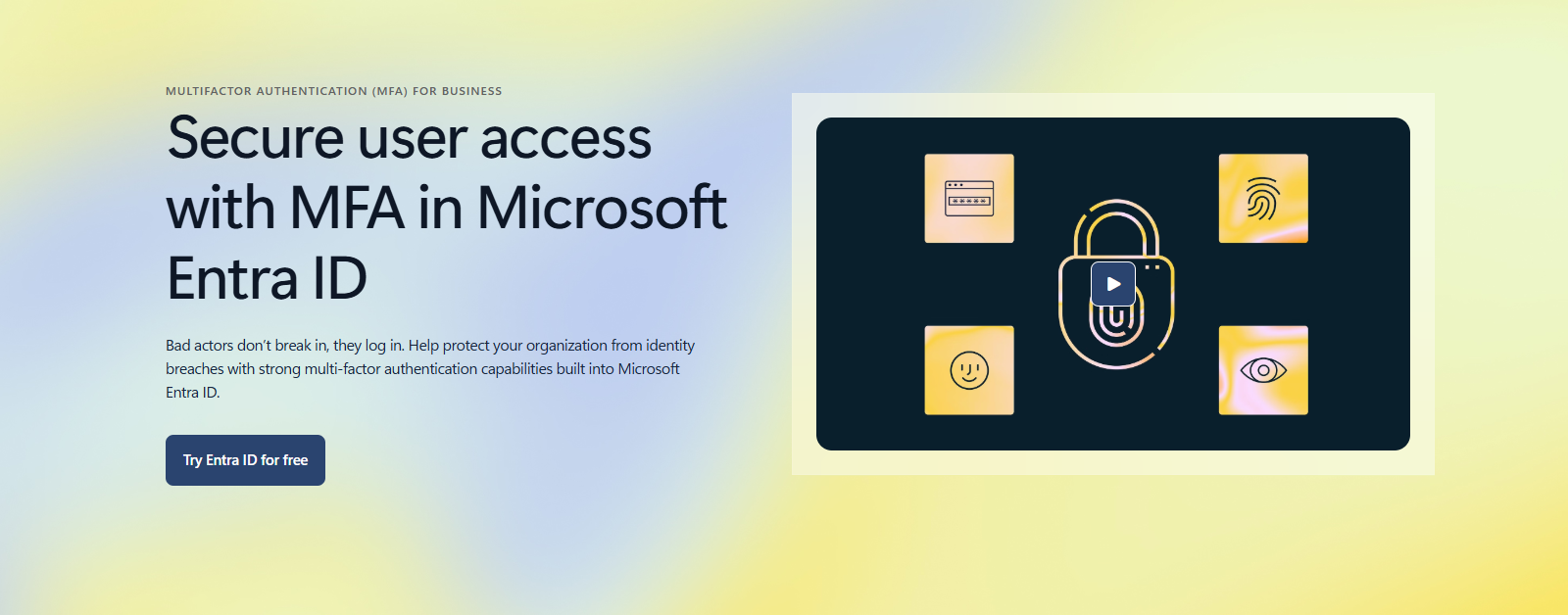 Azure mandatory MFA Microsoft Entra ID multifactor authentication page with a padlock surrounded by password, fingerprint, face and eye sign-in icons