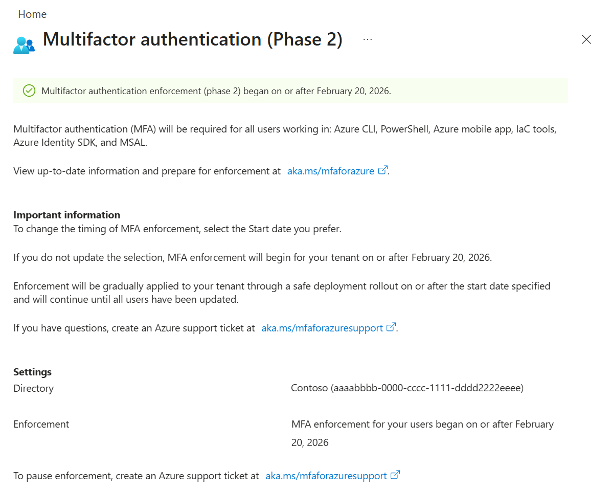 Azure portal Multifactor authentication Phase 2 page with a banner confirming enforcement began for the tenant