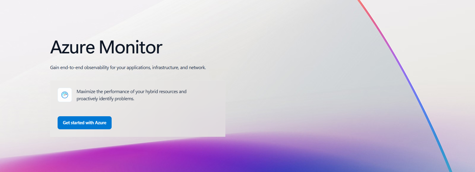 Azure Monitor product page with the tagline Gain end-to-end observability for your applications, infrastructure, and network and a Get started with Azure button