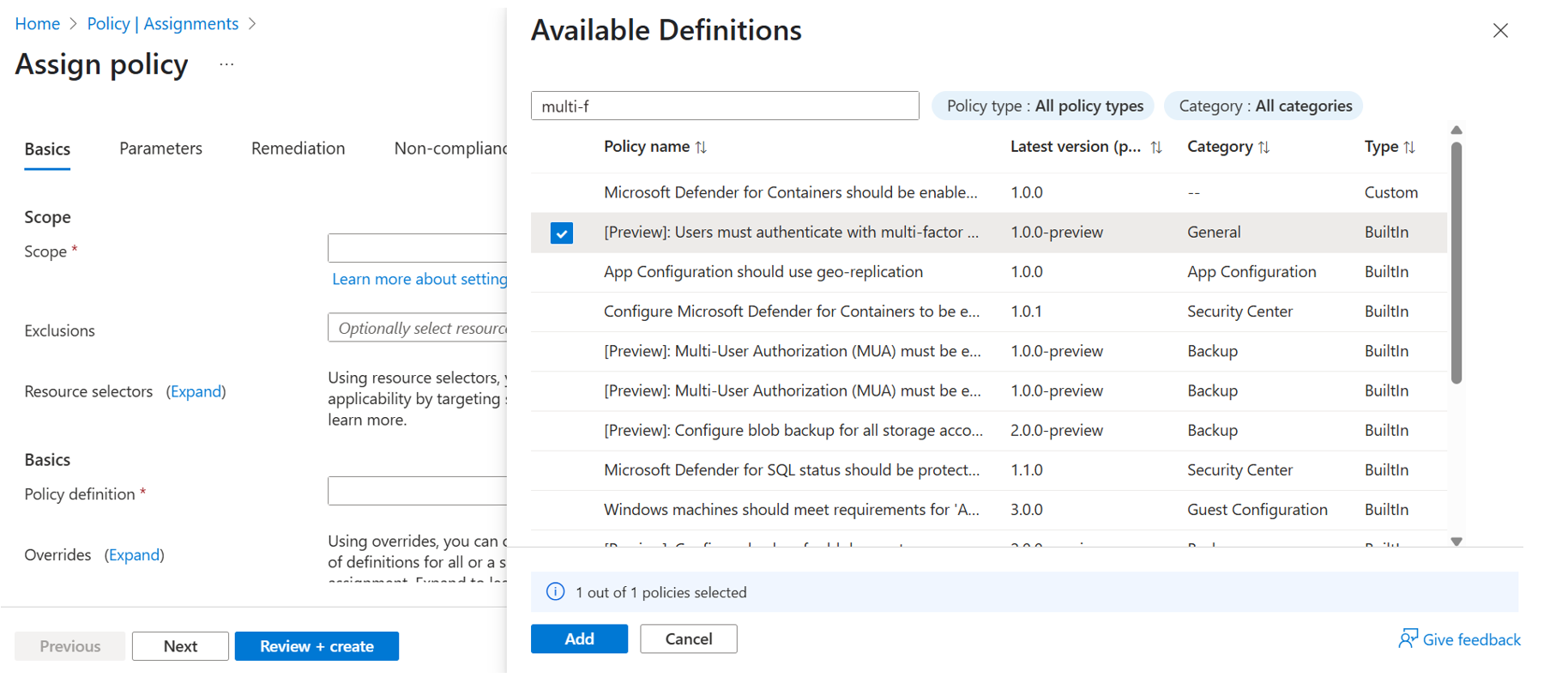 Azure Policy Assign policy screen with the built-in Users must authenticate with multi-factor authentication definition selected