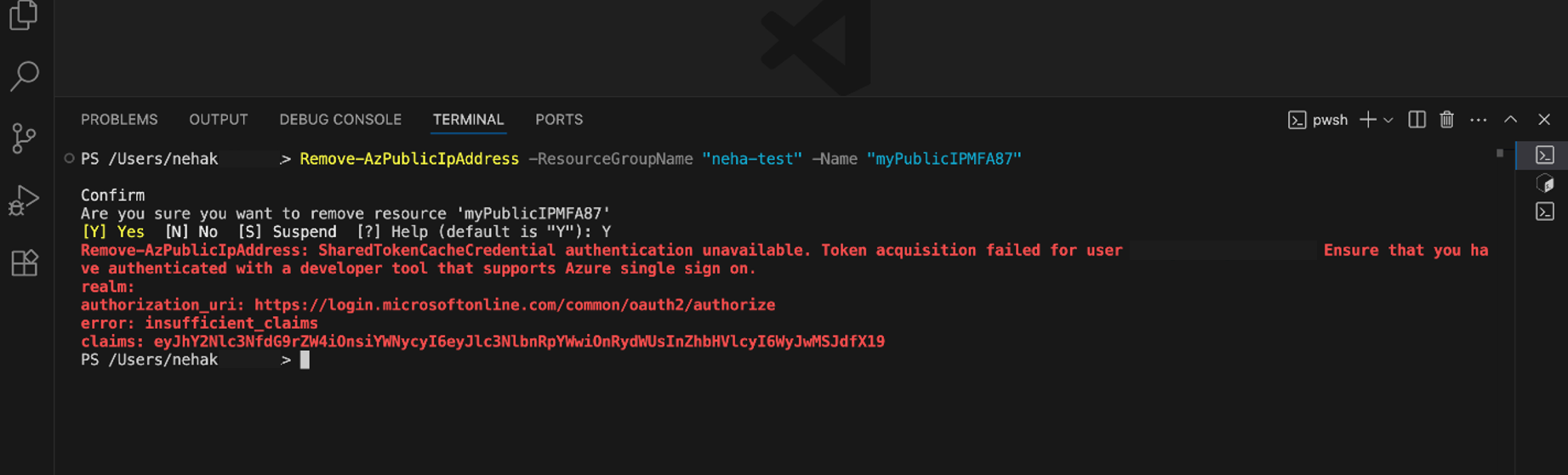 Azure PowerShell showing an error that blocks a resource change until the user signs in with MFA