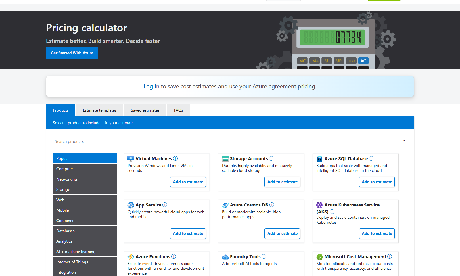 Azure pricing calculator with an empty estimate and popular products such as Virtual Machines, Storage Accounts, Azure SQL Database and App Service ready to add