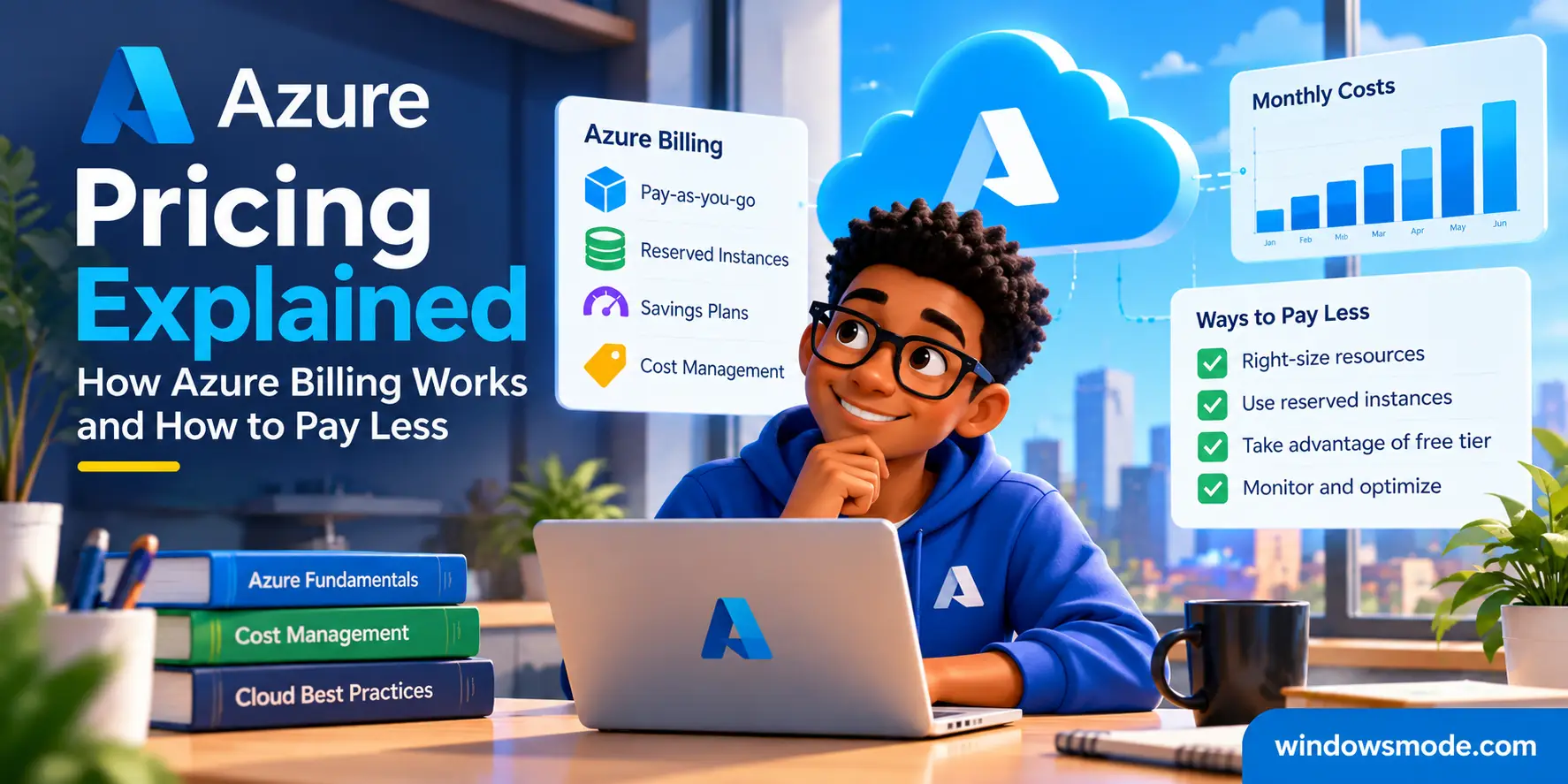 Azure Pricing Explained: How Azure Billing Works and How to Pay Less Azure Pricing Explained cover art: a smiling young man in a blue Azure hoodie sits at a laptop with the Azure logo, surrounded by panels for Azure billing options, a monthly costs bar chart and a Ways to Pay Less checklist