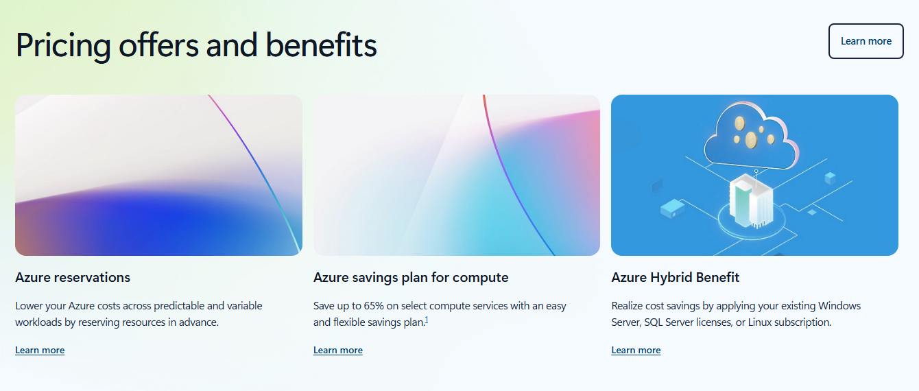 Microsoft's Pricing offers and benefits section with cards for Azure reservations, Azure savings plan for compute and Azure Hybrid Benefit