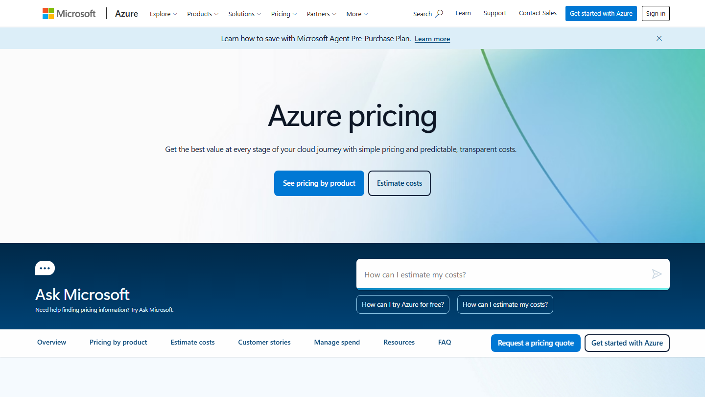 Microsoft's Azure pricing page with the headline Azure pricing and buttons to see pricing by product and estimate costs