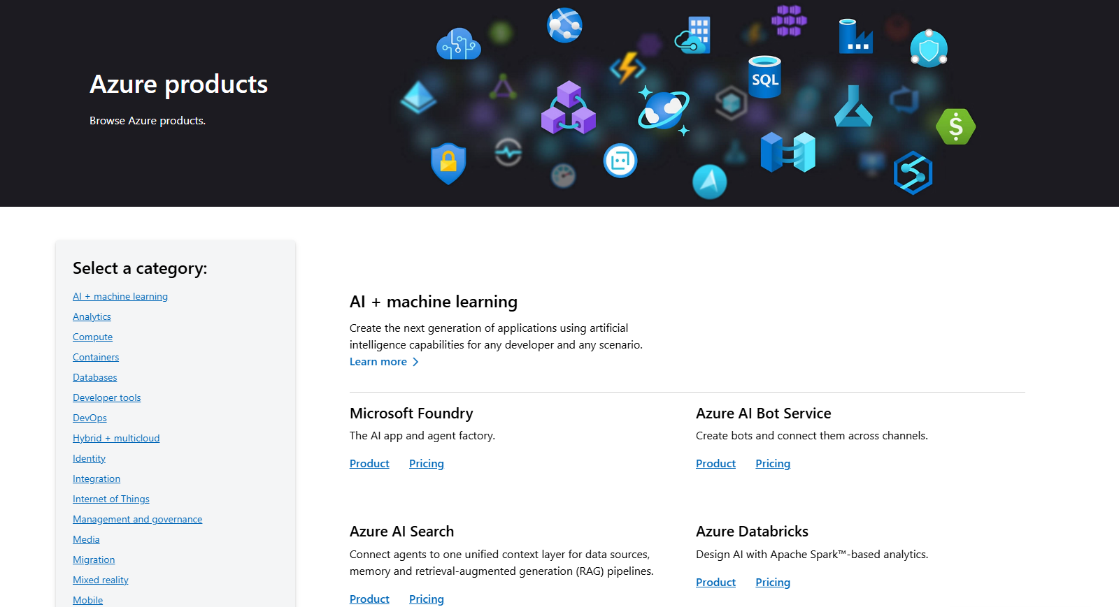 Azure products directory with a list of service categories and AI and machine learning products such as Microsoft Foundry, Azure AI Search and Azure Databricks