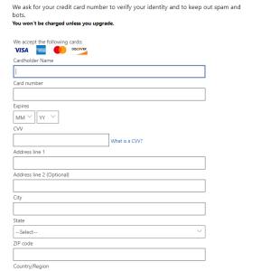 Azure sign-up card verification
