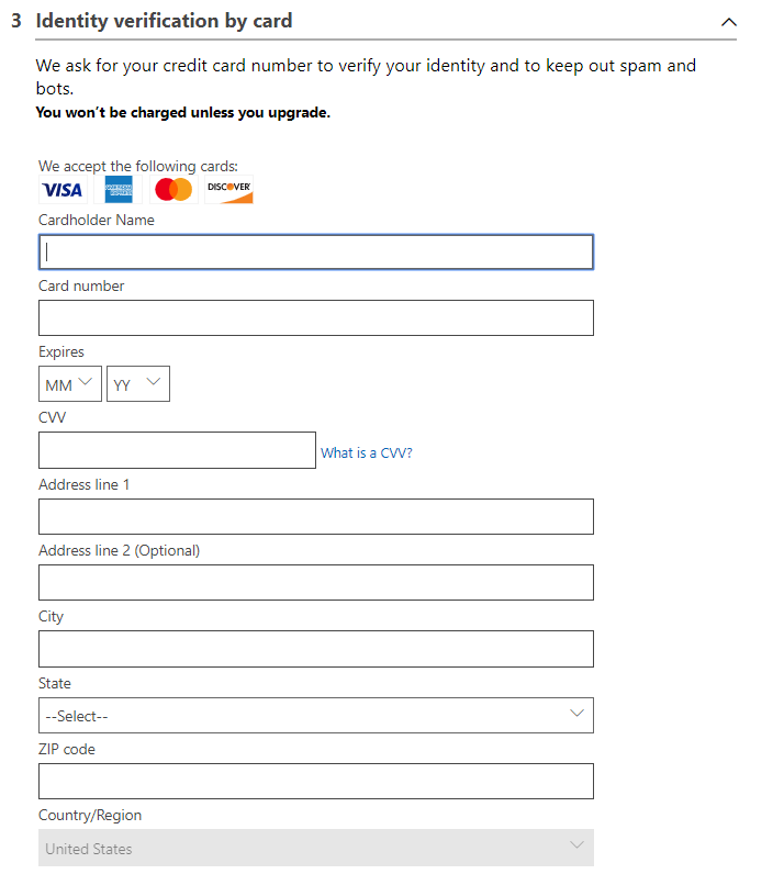 Azure sign-up identity verification by card step, saying you will not be charged unless you upgrade, with card and billing address fields