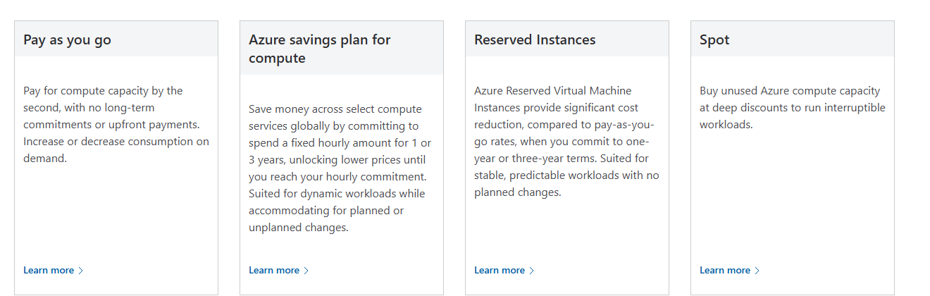 Four pricing options on Microsoft's virtual machines pricing page: pay as you go by the second, savings plan for compute, reserved instances and Spot