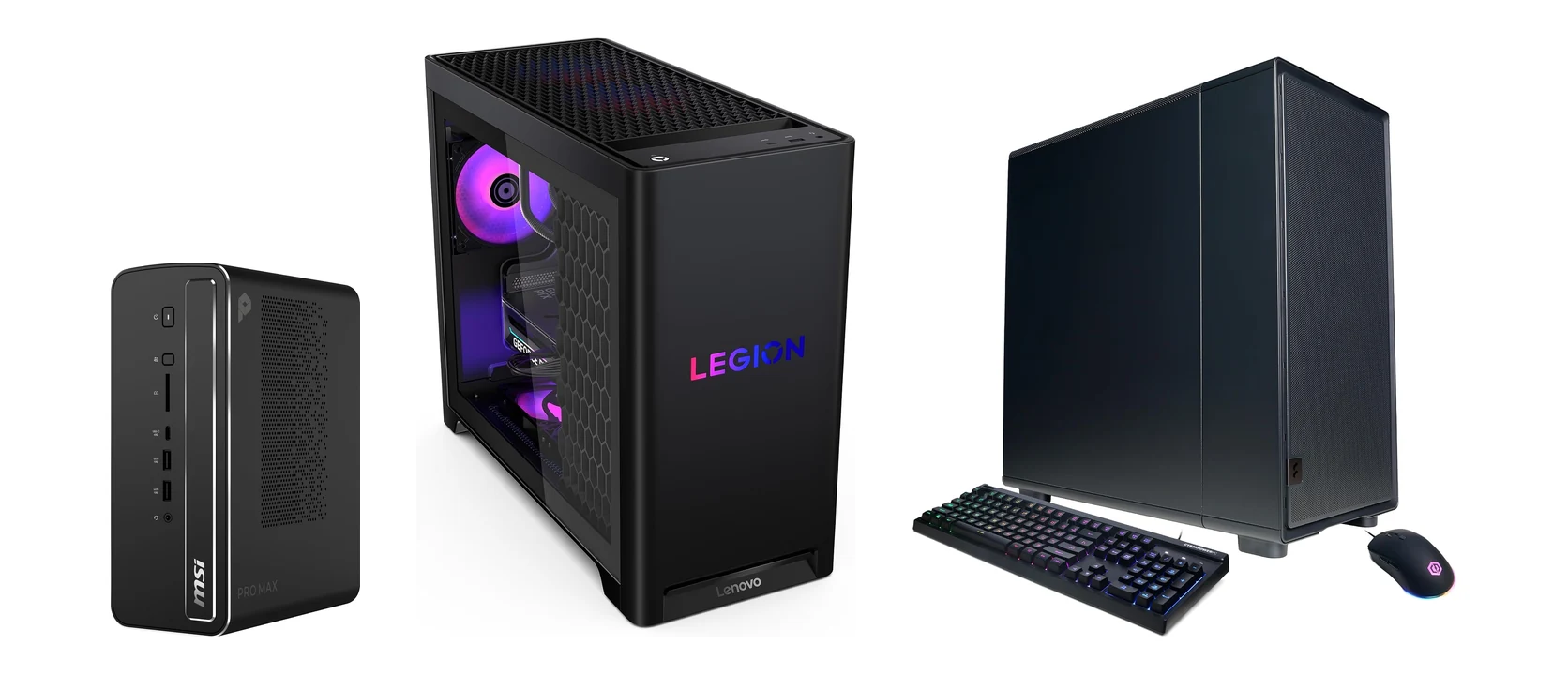 An MSI PRO MAX EDGE AI+ mini PC, a Lenovo Legion Tower 5 gaming tower and a CyberPowerPC Syber workstation tower side by side on a white background