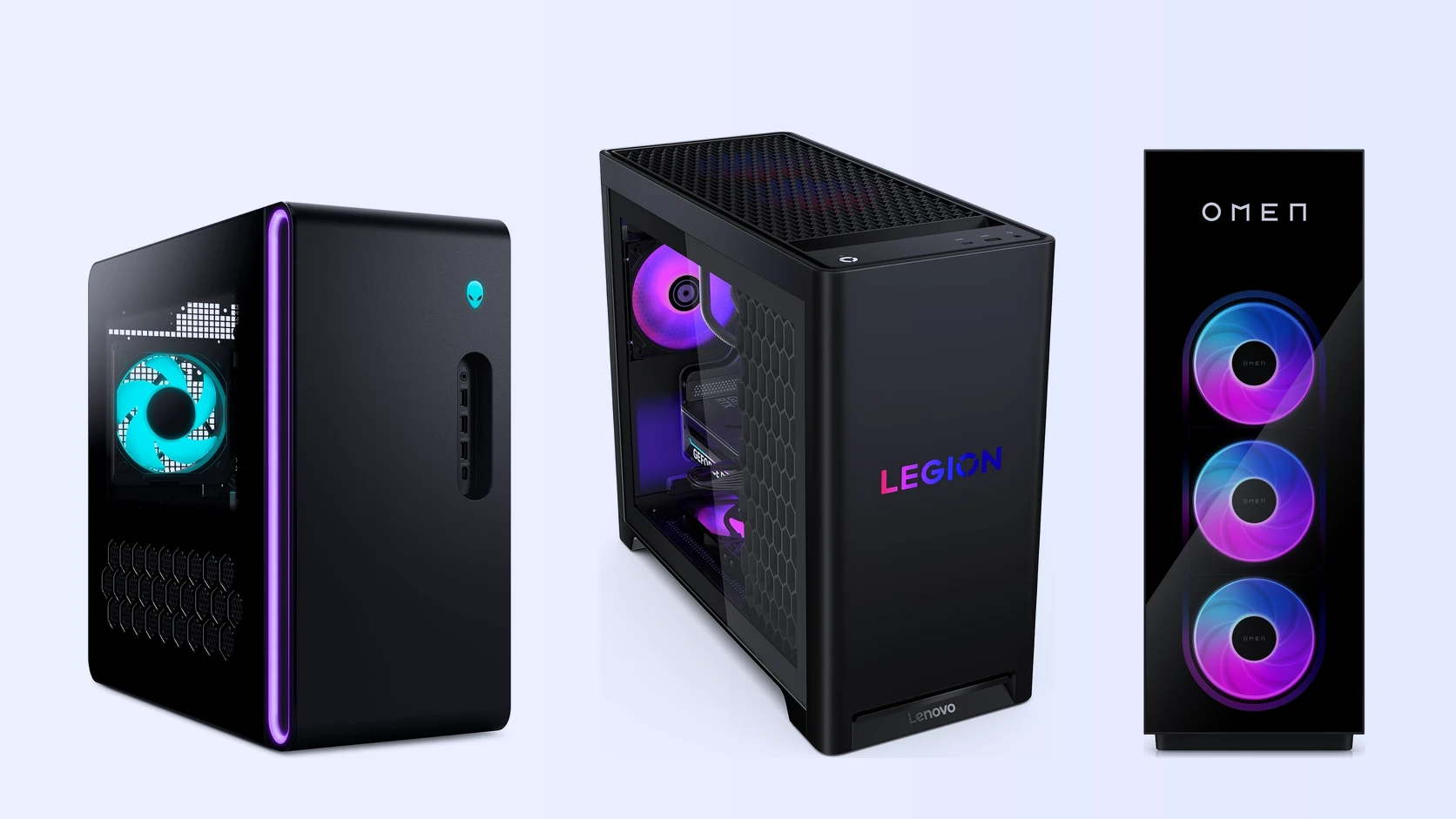 An Alienware Aurora, a Lenovo Legion Tower 5 and an HP OMEN MAX 45L gaming desktop side by side on a pale blue background
