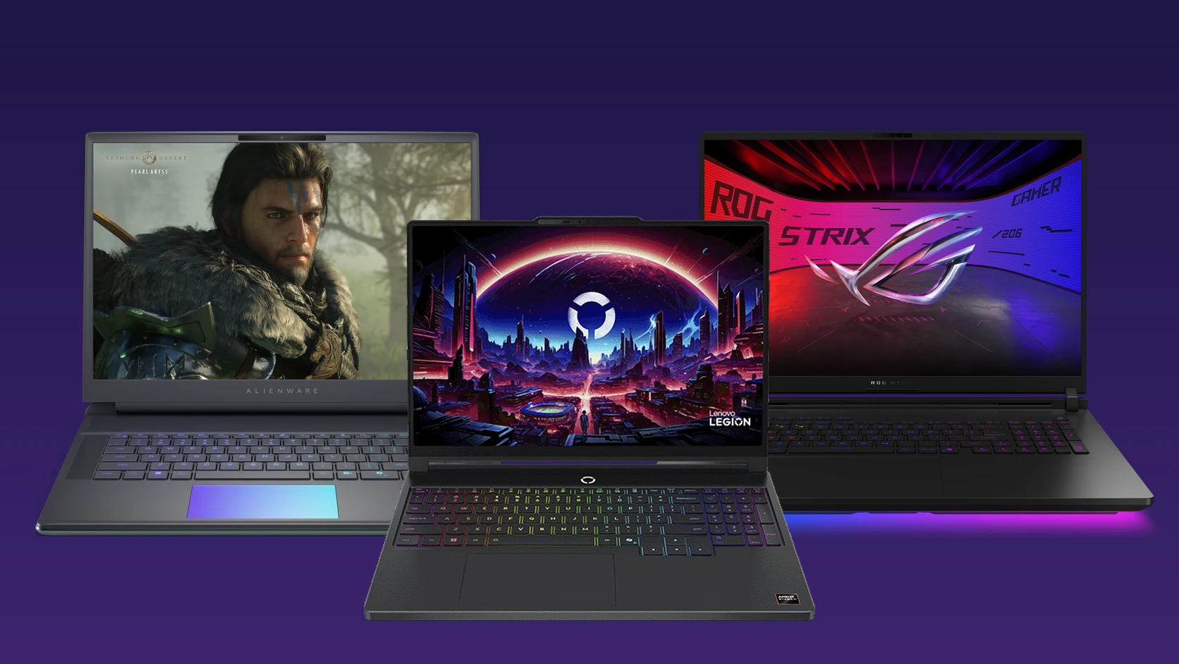 An Alienware 16 Area-51, a Lenovo Legion 5a and an ASUS ROG Strix SCAR 18 gaming laptop side by side on a purple background
