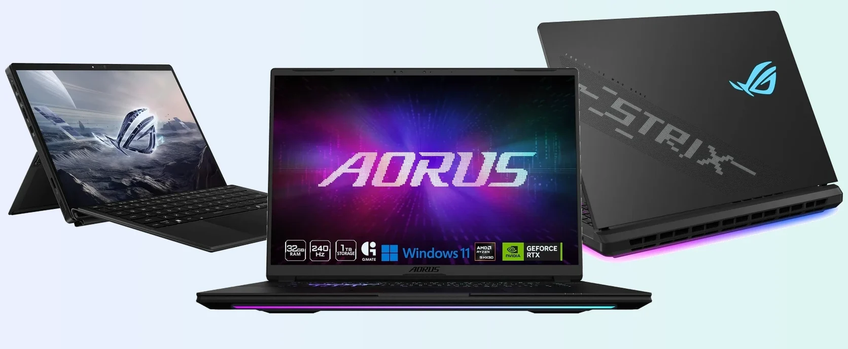 An ASUS ROG Flow Z13 tablet, a GIGABYTE AORUS MASTER 16 laptop and an ASUS ROG Strix SCAR 18 laptop side by side on a light background
