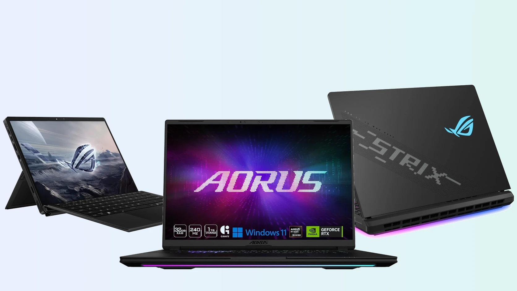 An ASUS ROG Flow Z13 tablet, a GIGABYTE AORUS MASTER 16 laptop and an ASUS ROG Strix SCAR 18 laptop side by side on a light background