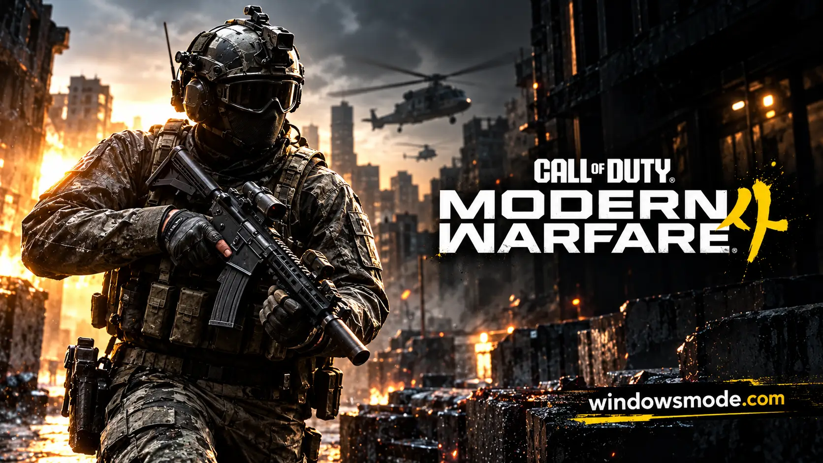 A masked soldier in camouflage gear holds a rifle in a burning city with helicopters overhead, beside the Call of Duty Modern Warfare 4 logo