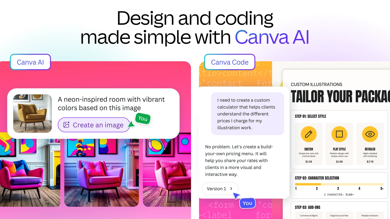 Canva AI creating an image of a colorful room from a prompt, next to Canva Code building an interactive pricing menu from a chat request