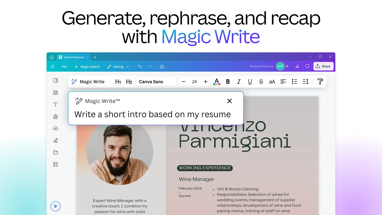 Magic Write box with the prompt Write a short intro based on my resume, open over a resume design in the Canva editor