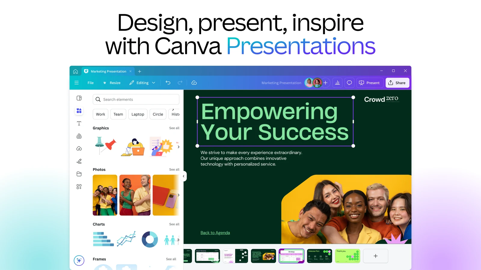 Canva editor on Windows open on a presentation slide titled Empowering Your Success, with graphics, photos and charts in the side panel