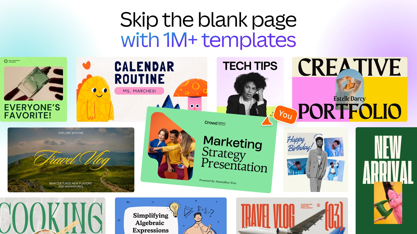 Collage of Canva templates including a marketing strategy presentation, a creative portfolio, a travel vlog thumbnail and a calendar routine