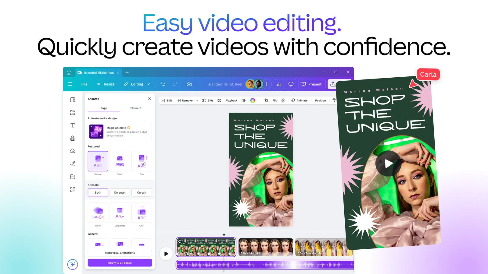 Canva video editor with an animation panel, a timeline of clips and audio along the bottom and a vertical Shop the Unique video