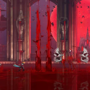 Rose Belmont fights floating skull creatures in a hall flooded with blood, lined with statues and red blade-like spikes