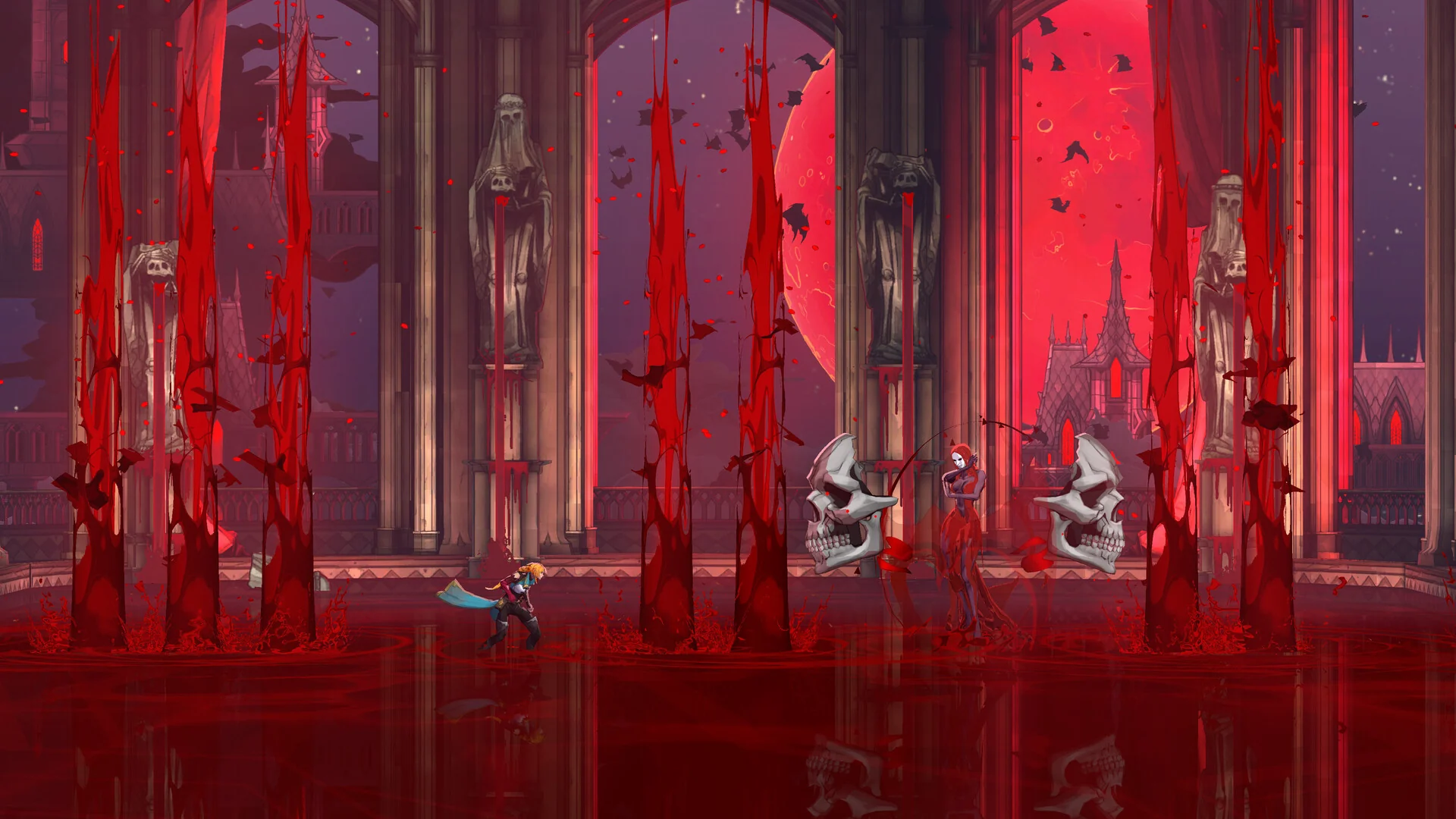 Rose Belmont fights floating skull creatures in a hall flooded with blood, lined with statues and red blade-like spikes