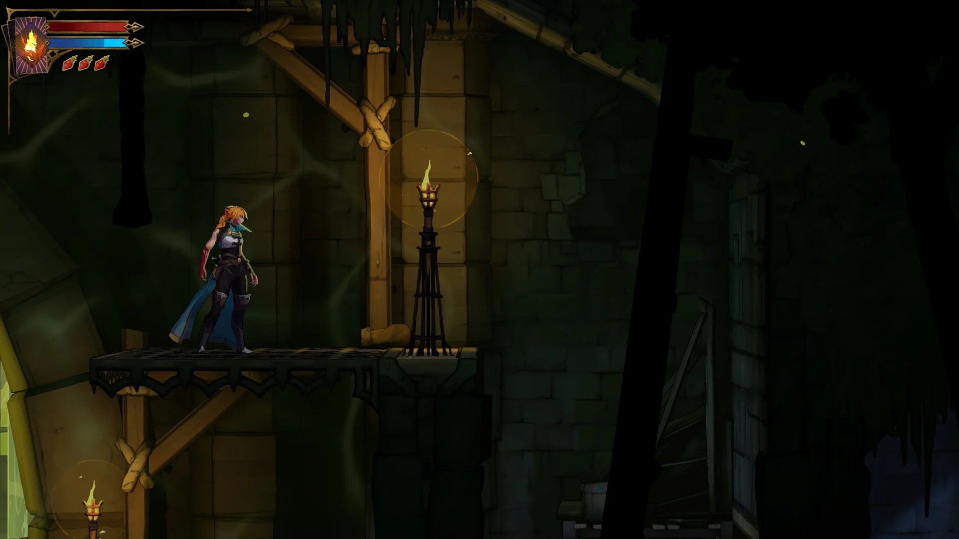 A zoomed-in view of Rose Belmont standing on a wooden scaffold beside a lit candle in a dark castle room